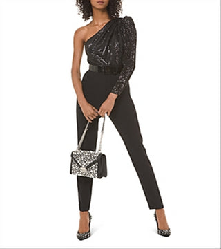 Macacão feminino Michael Kors com lantejoulas e um ombro só, preto, tamanho 8