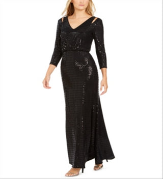 Blusa feminina Calvin Klein com recorte de lantejoulas, manga 3/4, decote em V, comprimento total, vestido formal, preto, tamanho 10