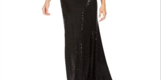 Blusa feminina Calvin Klein com recorte de lantejoulas, manga 3/4, decote em V, comprimento total, vestido formal, preto, tamanho 10