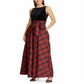 Vestido de festa longo xadrez vermelho sem mangas com decote em V e bainha longa, tamanho 10, RALPH LAUREN