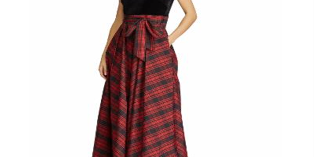 Vestido de festa longo xadrez vermelho sem mangas com decote em V e bainha longa, tamanho 10, RALPH LAUREN