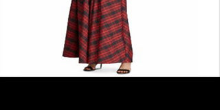 Vestido de festa longo xadrez vermelho sem mangas com decote em V e bainha longa, tamanho 10, RALPH LAUREN