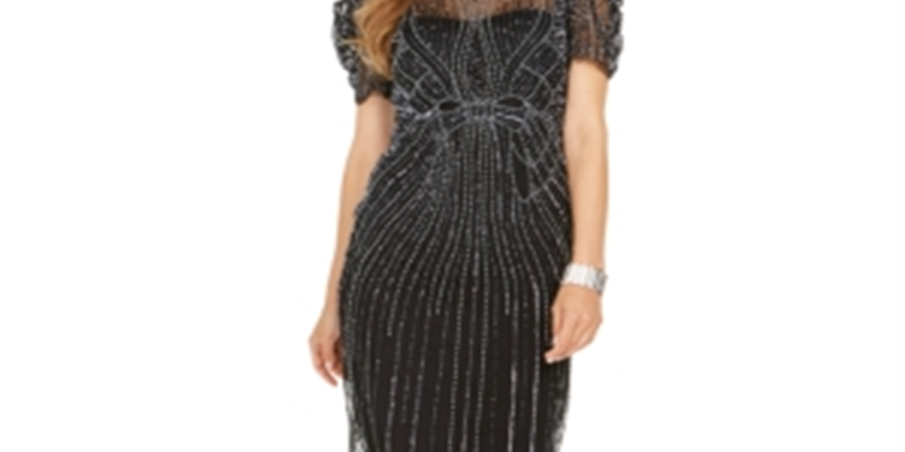 Vestido tubinho com ilusão e detalhes embelezados Adrianna Papell, preto, tamanho 4