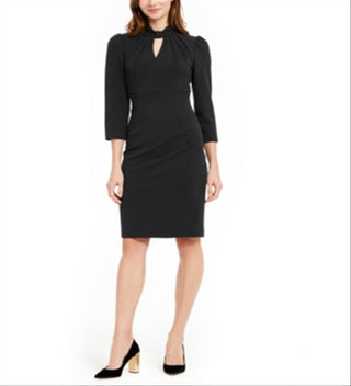Vestido de coquetel Calvin Klein feminino com zíper e manga 3/4, decote em V e bainha acima do joelho, preto, tamanho 2