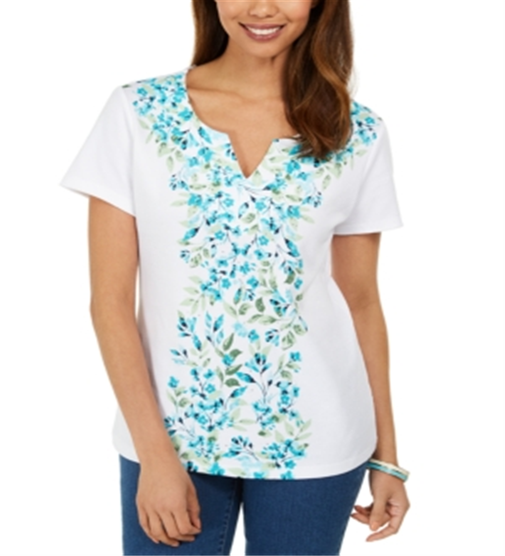 Blusa feminina Karen Scott estampada com decote dividido, branca, tamanho médio