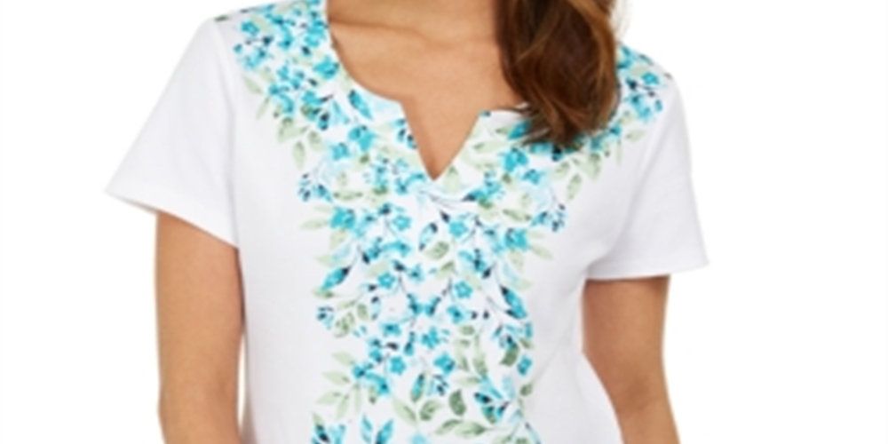 Blusa feminina Karen Scott estampada com decote dividido, branca, tamanho médio