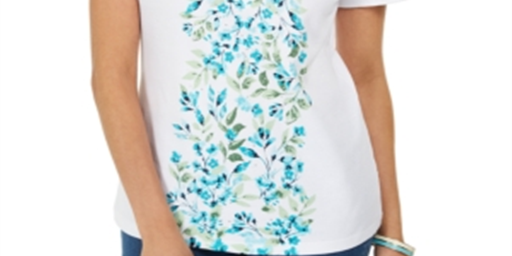 Blusa feminina Karen Scott estampada com decote dividido, branca, tamanho médio