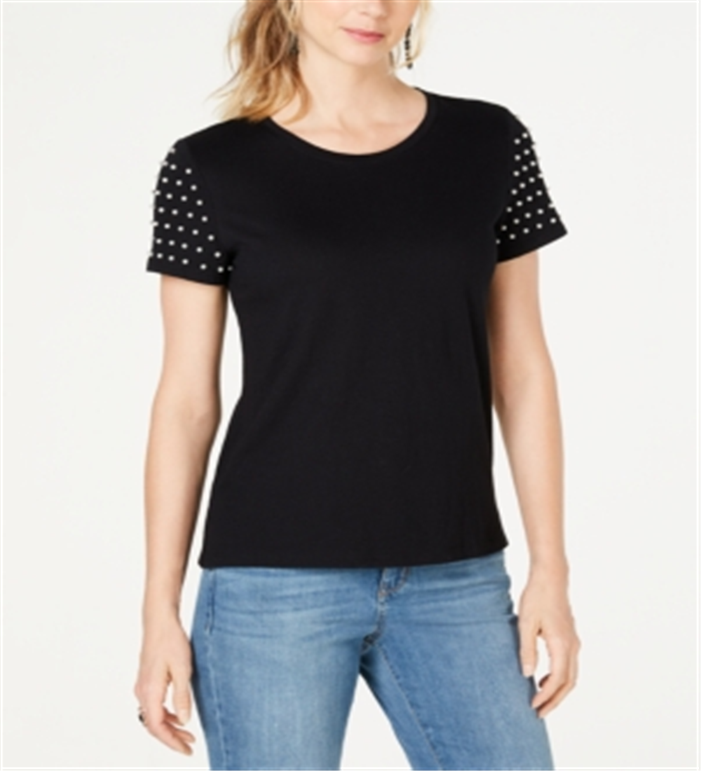 INC International Concepts Top feminino Jet Midnight Knit com pérolas bordadas, preto, tamanho extragrande