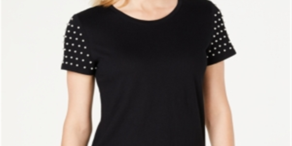 INC International Concepts Top feminino Jet Midnight Knit com pérolas bordadas, preto, tamanho extragrande