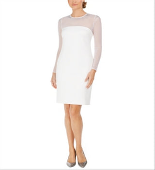 Vestido Calvin Klein Feminino com Mangas em Malha e Tachas, Branco, Tamanho 4
