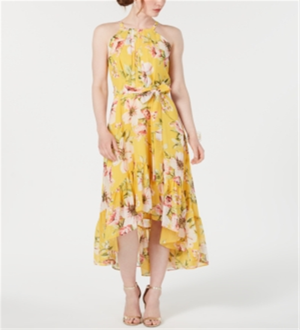 Vestido longo feminino Vince Camuto com babados florais, alto e baixo, amarelo, tamanho 14