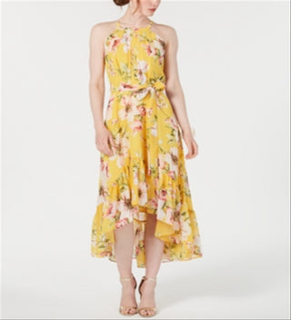 Vestido longo feminino Vince Camuto com babados florais, alto e baixo, amarelo, tamanho 14