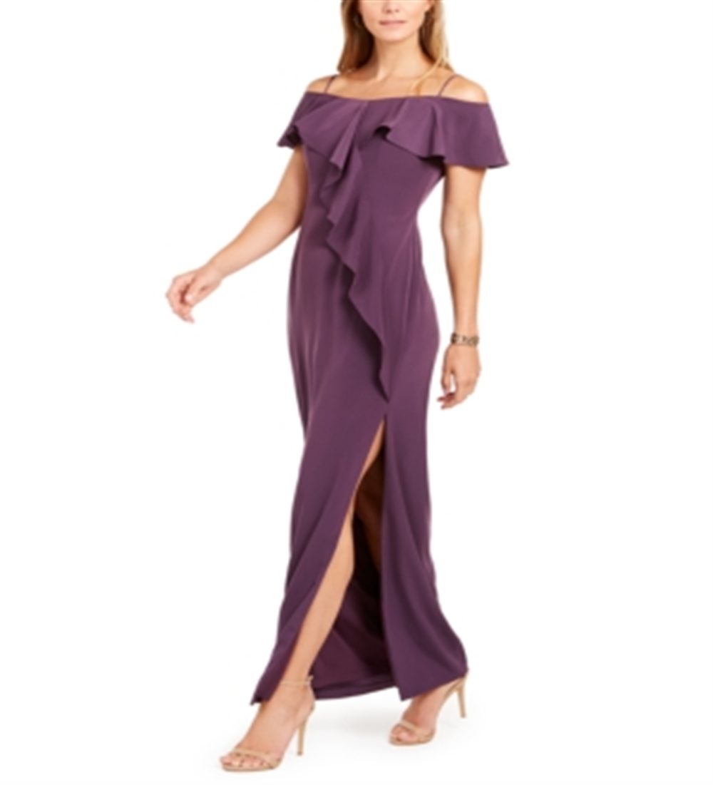 Vestido formal feminino Calvin Klein com zíper, manga sino, ombro de fora, comprimento total, estilo flare, roxo, tamanho 8