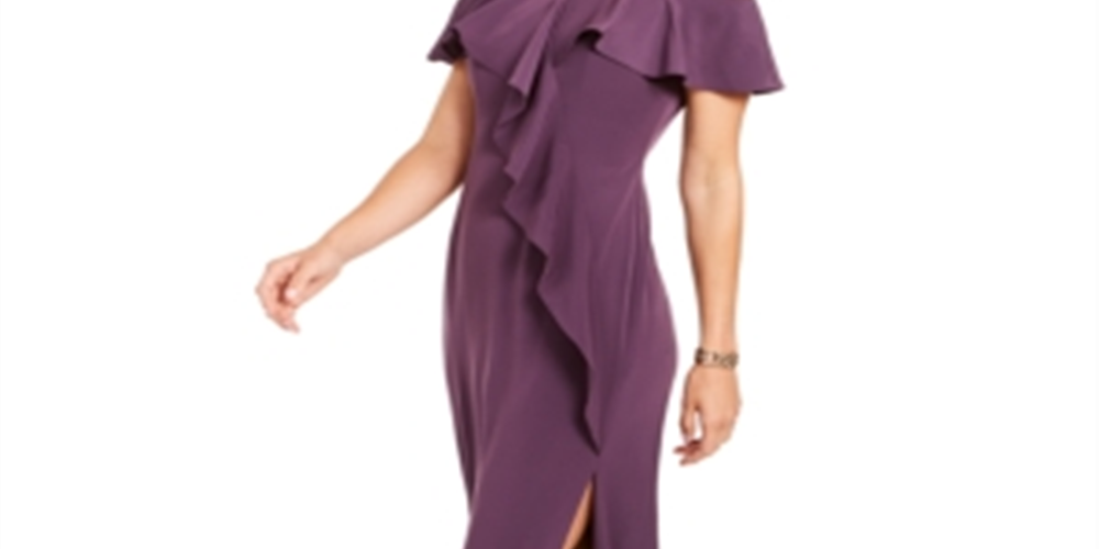 Vestido formal feminino Calvin Klein com zíper, manga sino, ombro de fora, comprimento total, estilo flare, roxo, tamanho 8