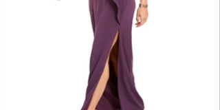 Vestido formal feminino Calvin Klein com zíper, manga sino, ombro de fora, comprimento total, estilo flare, roxo, tamanho 8