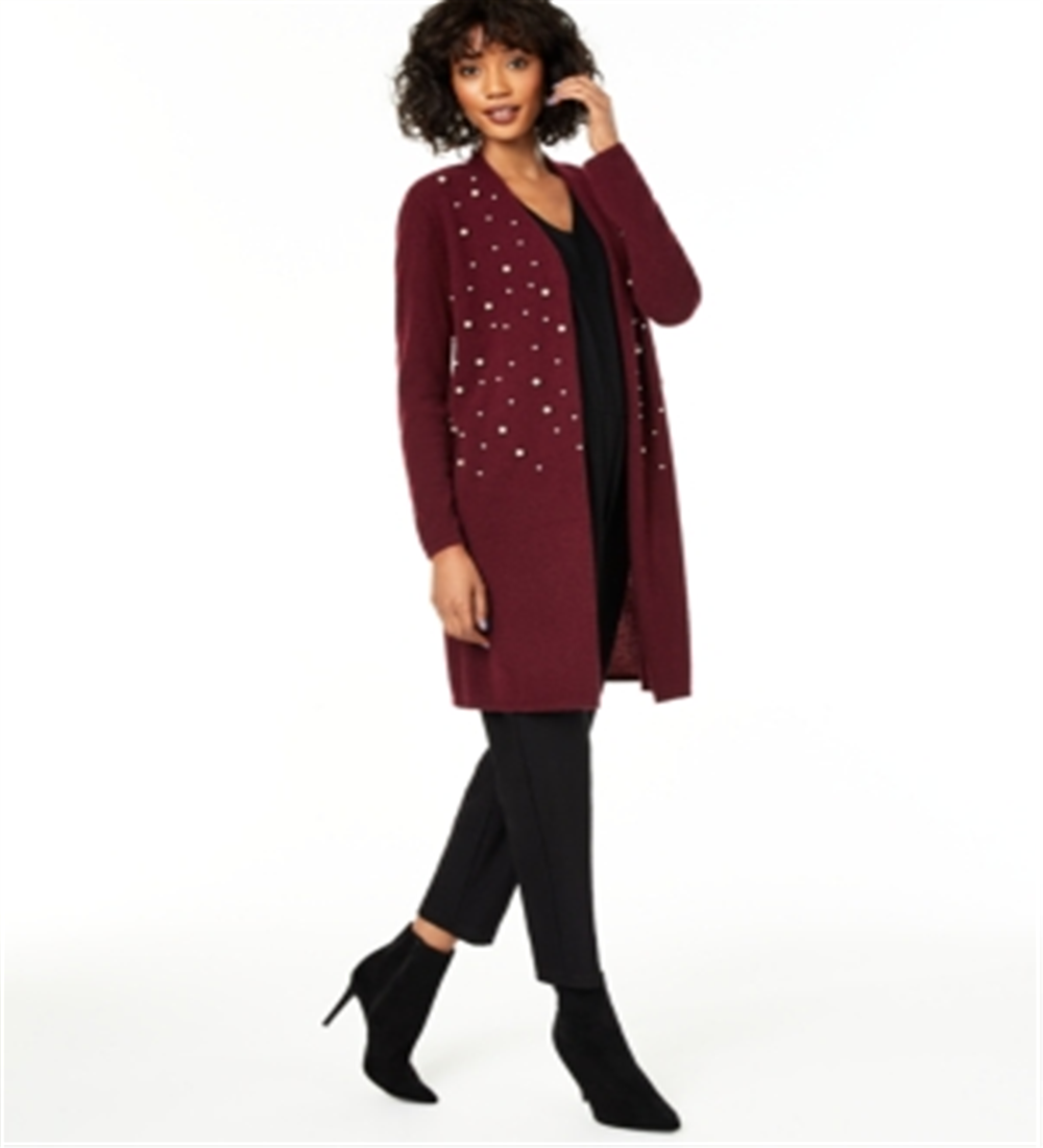 Cardigan feminino Charter Club Pure Cashmere com detalhes em vermelho, tamanho G