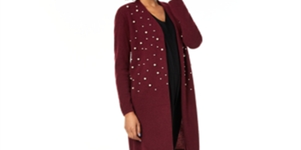 Cardigan feminino Charter Club Pure Cashmere com detalhes em vermelho, tamanho G