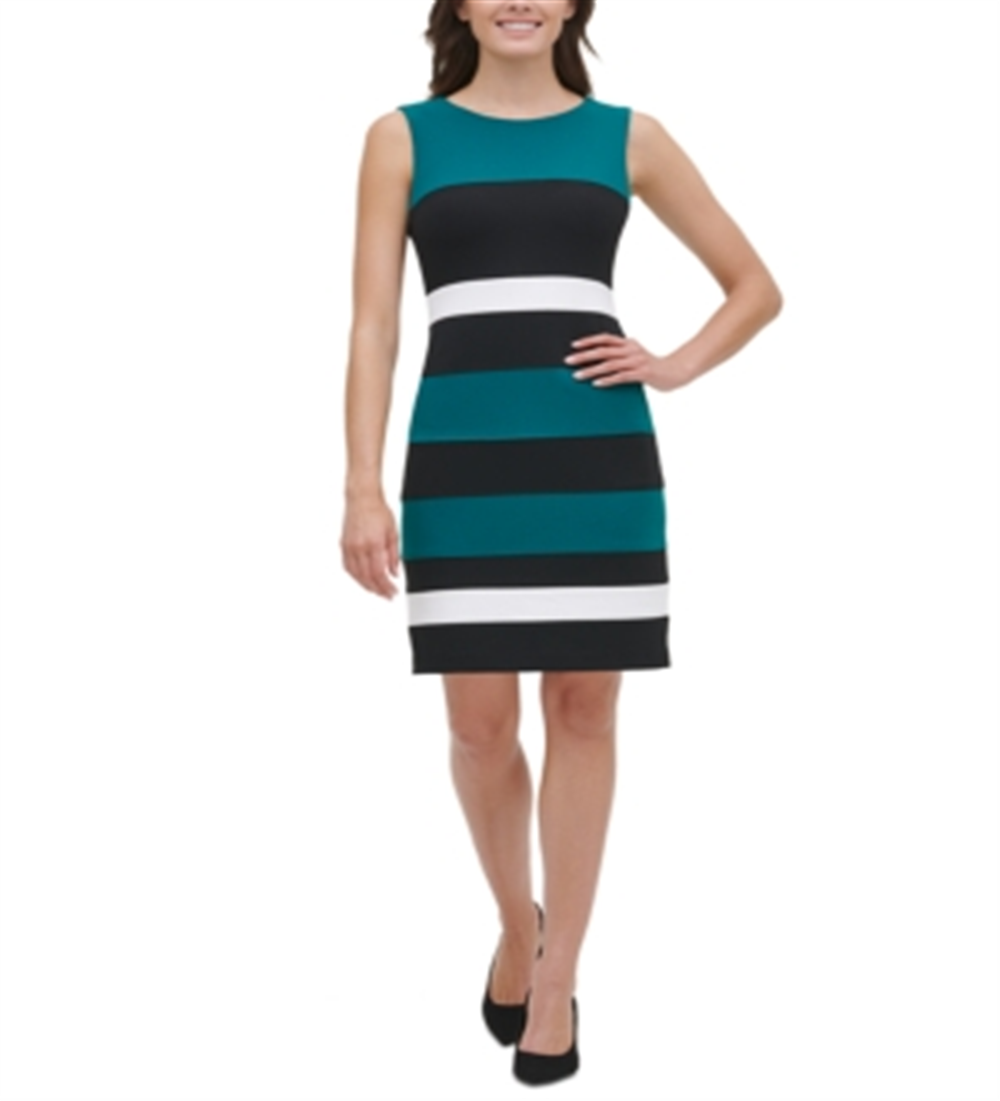 Vestido tubinho feminino Tommy Hilfiger com estampa de blocos de cores, sem mangas, gola alta, comprimento até o joelho, para usar no trabalho, preto, tamanho 18
