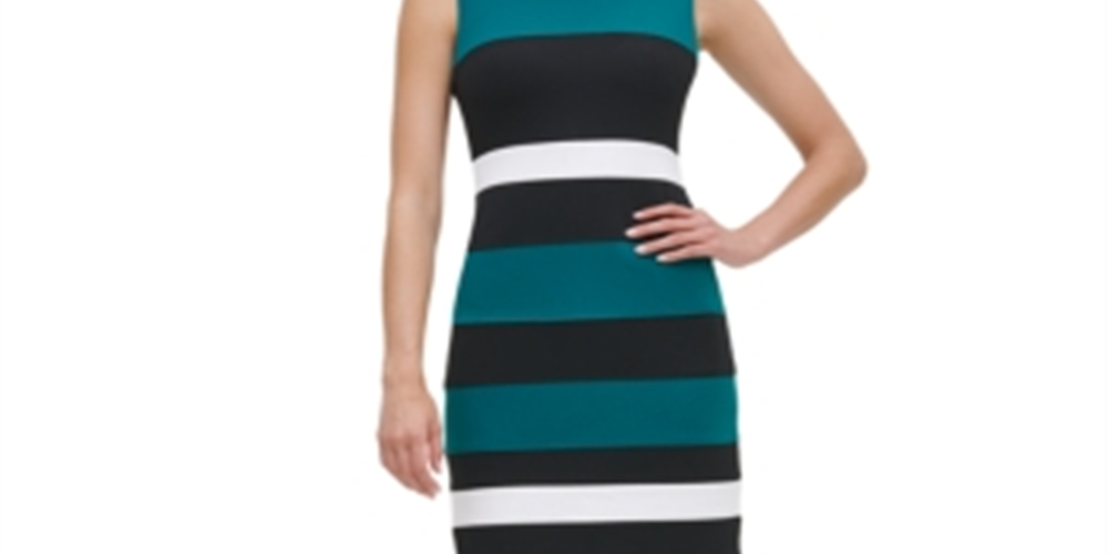 Vestido tubinho feminino Tommy Hilfiger com estampa de blocos de cores, sem mangas, gola alta, comprimento até o joelho, para usar no trabalho, preto, tamanho 18