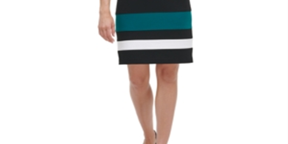 Vestido tubinho feminino Tommy Hilfiger com estampa de blocos de cores, sem mangas, gola alta, comprimento até o joelho, para usar no trabalho, preto, tamanho 18