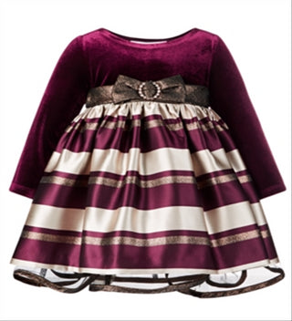Vestido listrado de veludo jacquard da Bonnie Baby Girl, tamanho 12 meses, vermelho