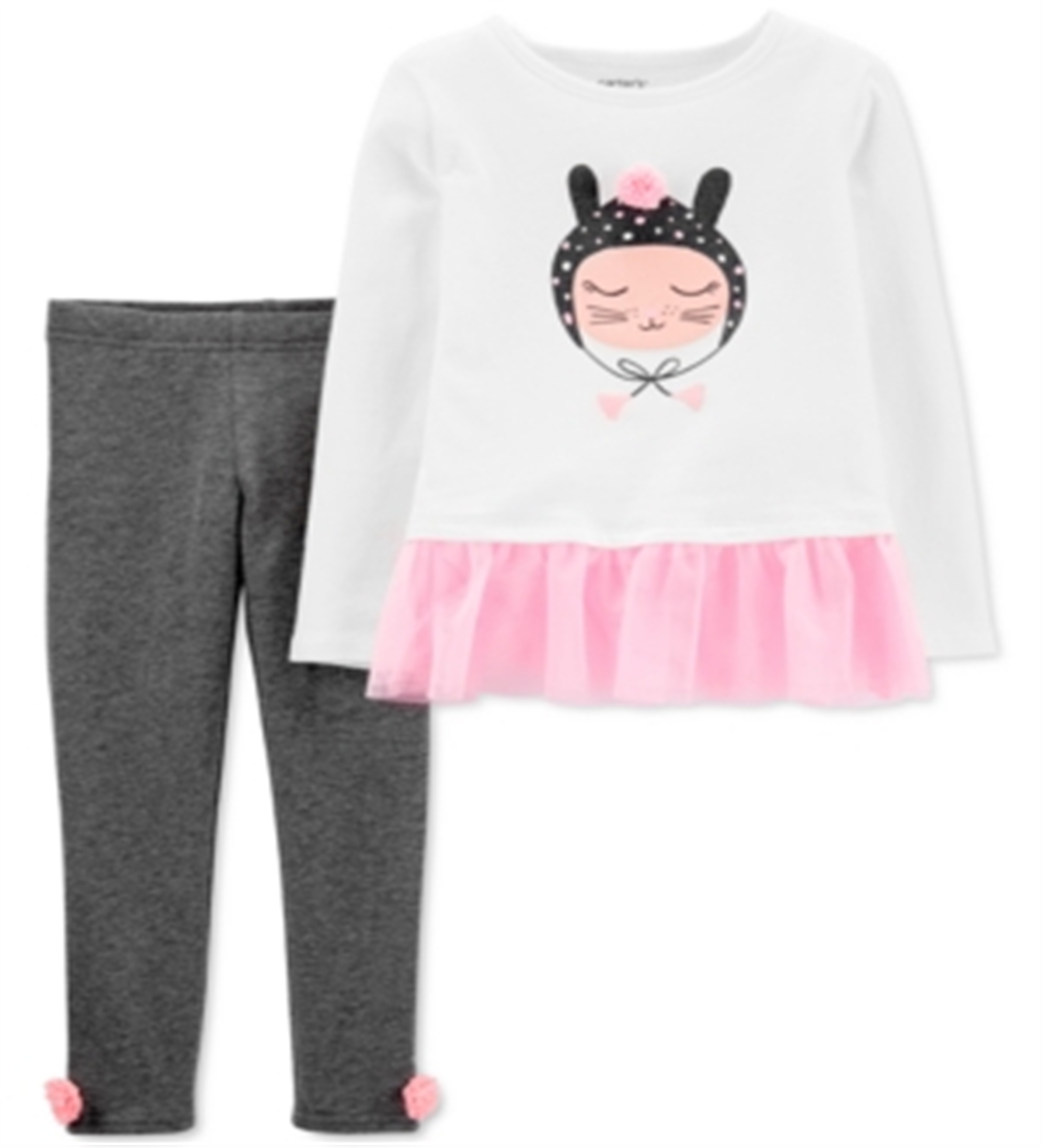 Conjunto de túnica e leggings Carter's Infant Girl's Cat Peplum e Pom Pom, branco, tamanho 12 MOS