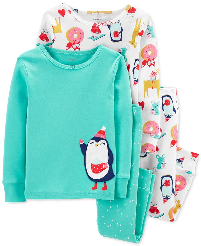 Conjunto de pijama Carter's Girl's Sleep Bottoms com estampa de pinguim menta, dois pares, azul, tamanho 2T