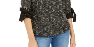 Top feminino Charter Club com manga 3/4 e acabamento em laço, preto, tamanho 2XL