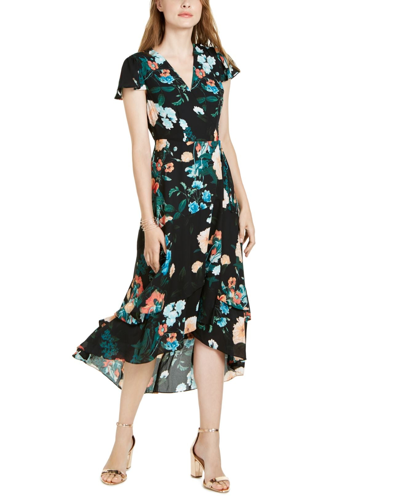 Vestido longo envelope feminino INC International Concepts com mangas esvoaçantes, preto, tamanho 4
