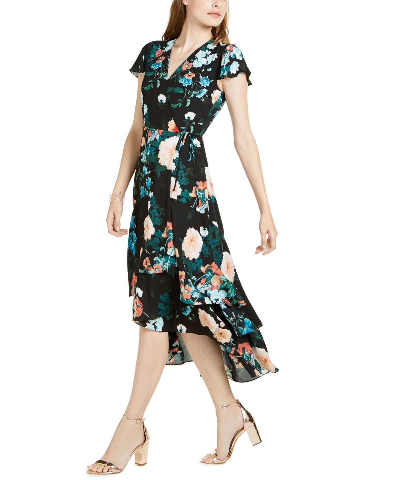 Vestido longo envelope feminino INC International Concepts com mangas esvoaçantes, preto, tamanho 4