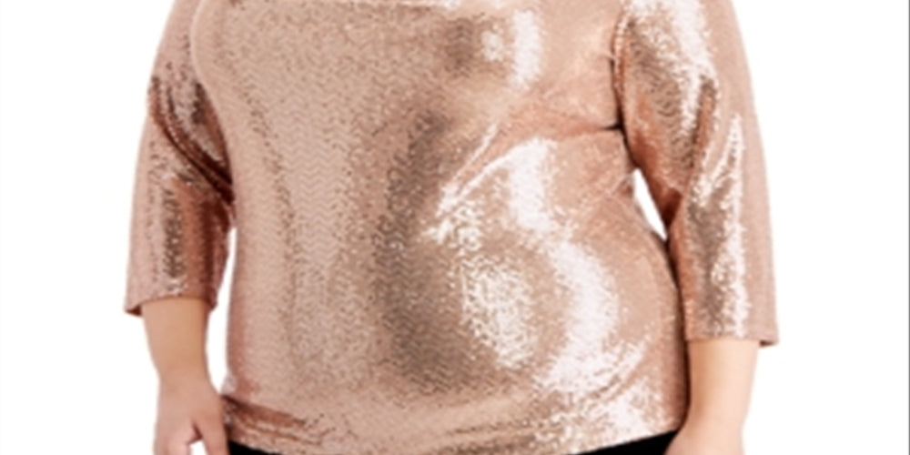 MSK Blusa feminina de festa com lantejoulas e manga 3/4, gola alta, marrom, tamanho 2X