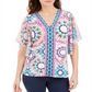 JM Collection Top estampado feminino com tachas, azul, tamanho extragrande