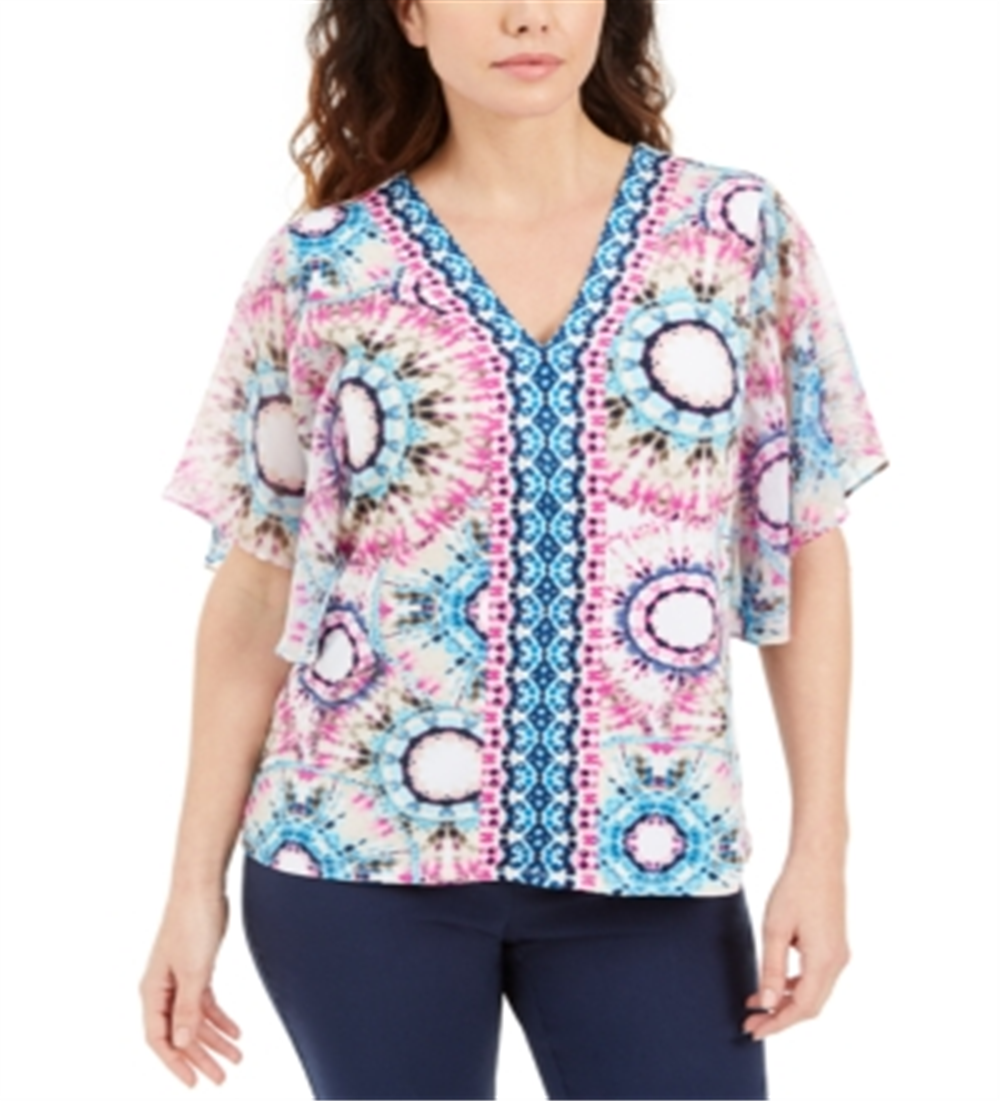 JM Collection Top estampado feminino com tachas, azul, tamanho extragrande
