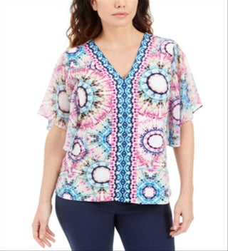 JM Collection Top estampado feminino com tachas, azul, tamanho extragrande