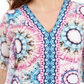 JM Collection Top estampado feminino com tachas, azul, tamanho extragrande