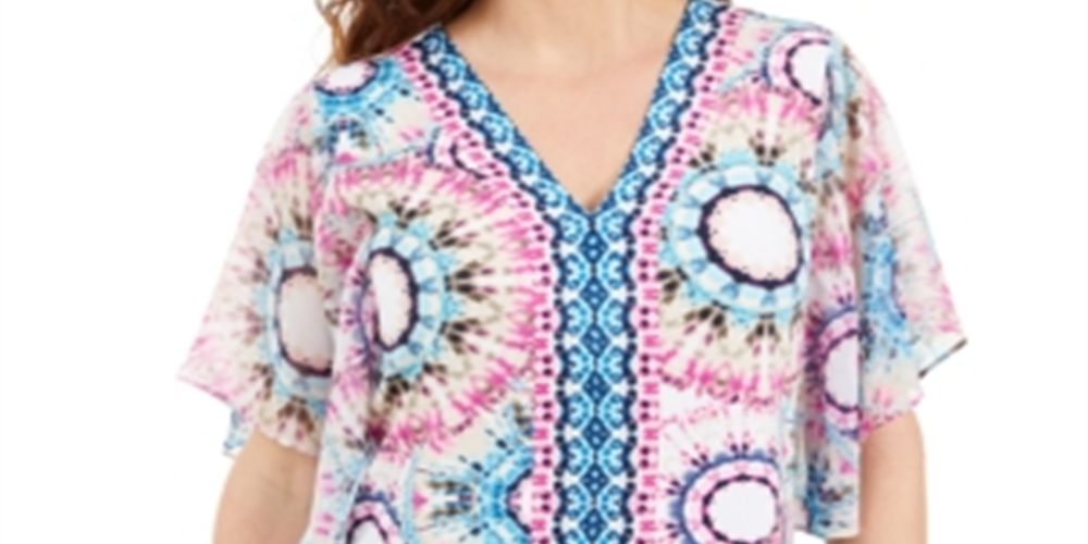 JM Collection Top estampado feminino com tachas, azul, tamanho extragrande
