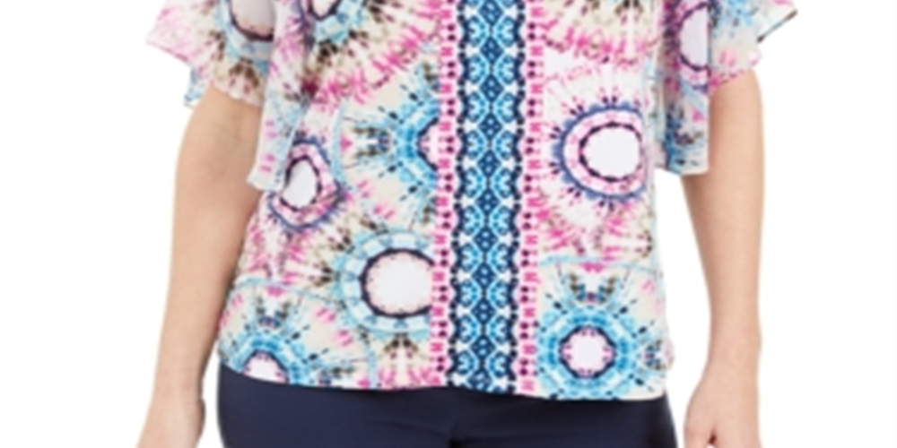JM Collection Top estampado feminino com tachas, azul, tamanho extragrande