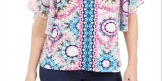 JM Collection Top estampado feminino com tachas, azul, tamanho extragrande