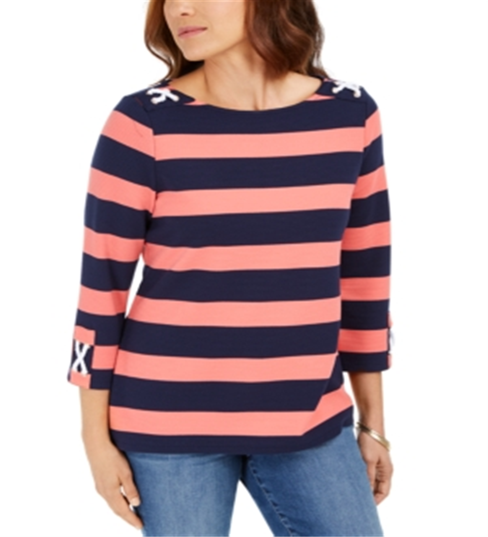 Top listrado feminino Charter Club com acabamento em ilhós, vermelho, tamanho XX-G