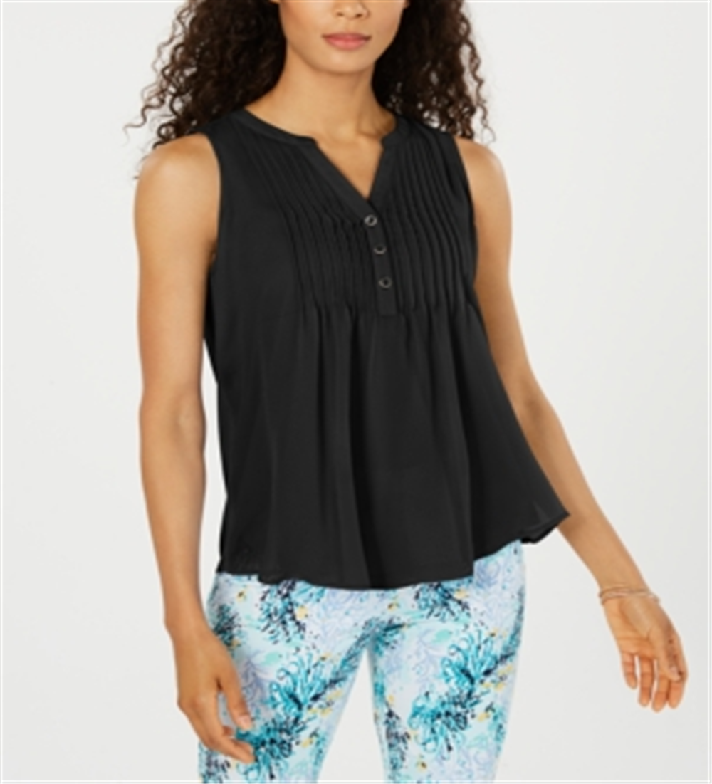 Blusa feminina sem mangas Charter Club Pintuck preta tamanho grande