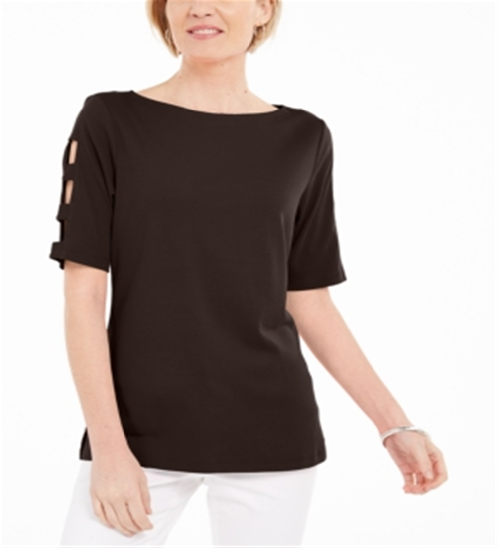 Blusa feminina Karen Scott de algodão com mangas recortadas, marrom, tamanho médio