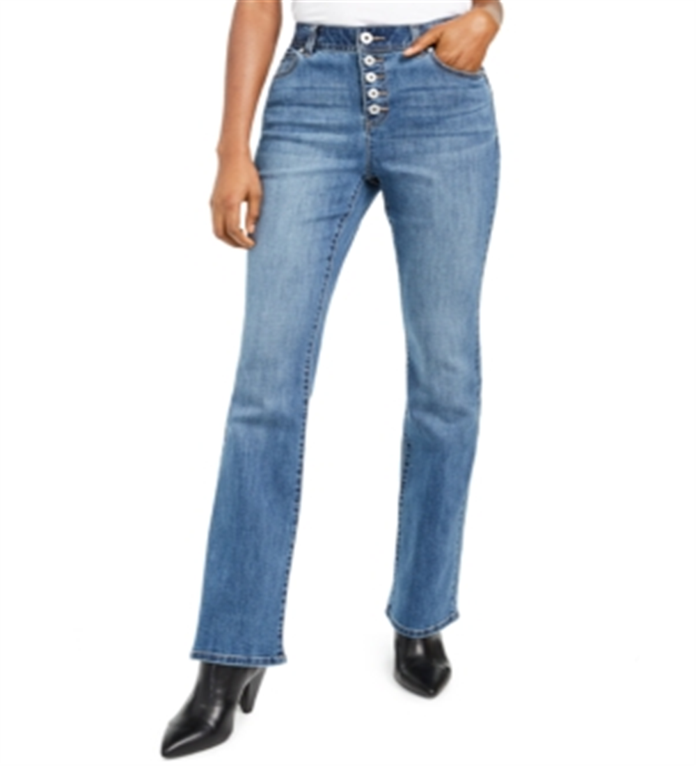 Calça jeans feminina de cintura alta com botões e corte bootcut da INC International Concepts, azul, tamanho 6