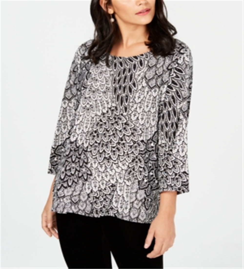 JM Collection Top Feminino Manga 3/4 Estampado Jacquard Preto Tamanho P