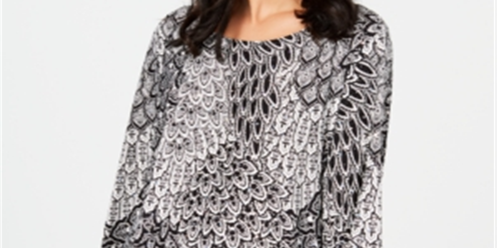 JM Collection Top Feminino Manga 3/4 Estampado Jacquard Preto Tamanho P