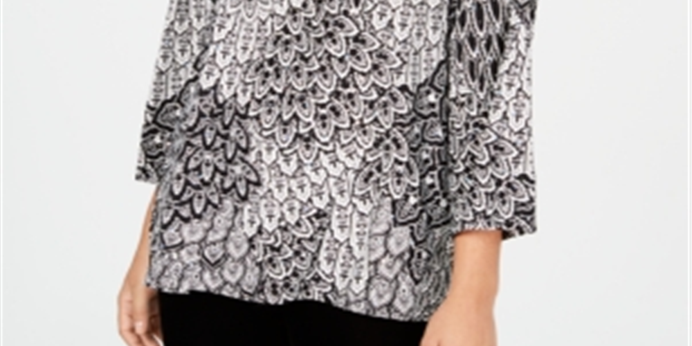 JM Collection Top Feminino Manga 3/4 Estampado Jacquard Preto Tamanho P