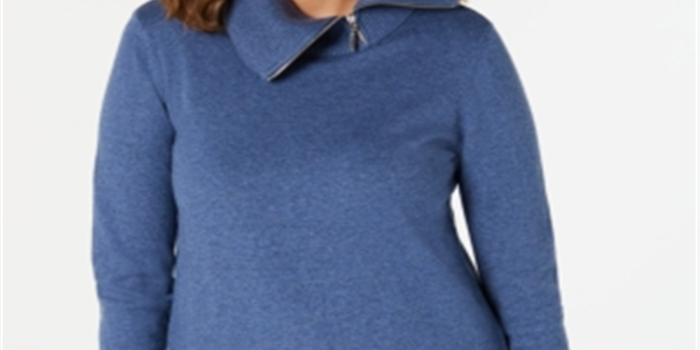 Karen Scott Suéter Feminino de Algodão com Zíper e Gola Azul Tamanho Grande