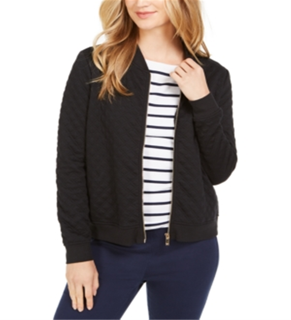 Jaqueta bomber feminina de malha texturizada Charter Club, preta, tamanho GG