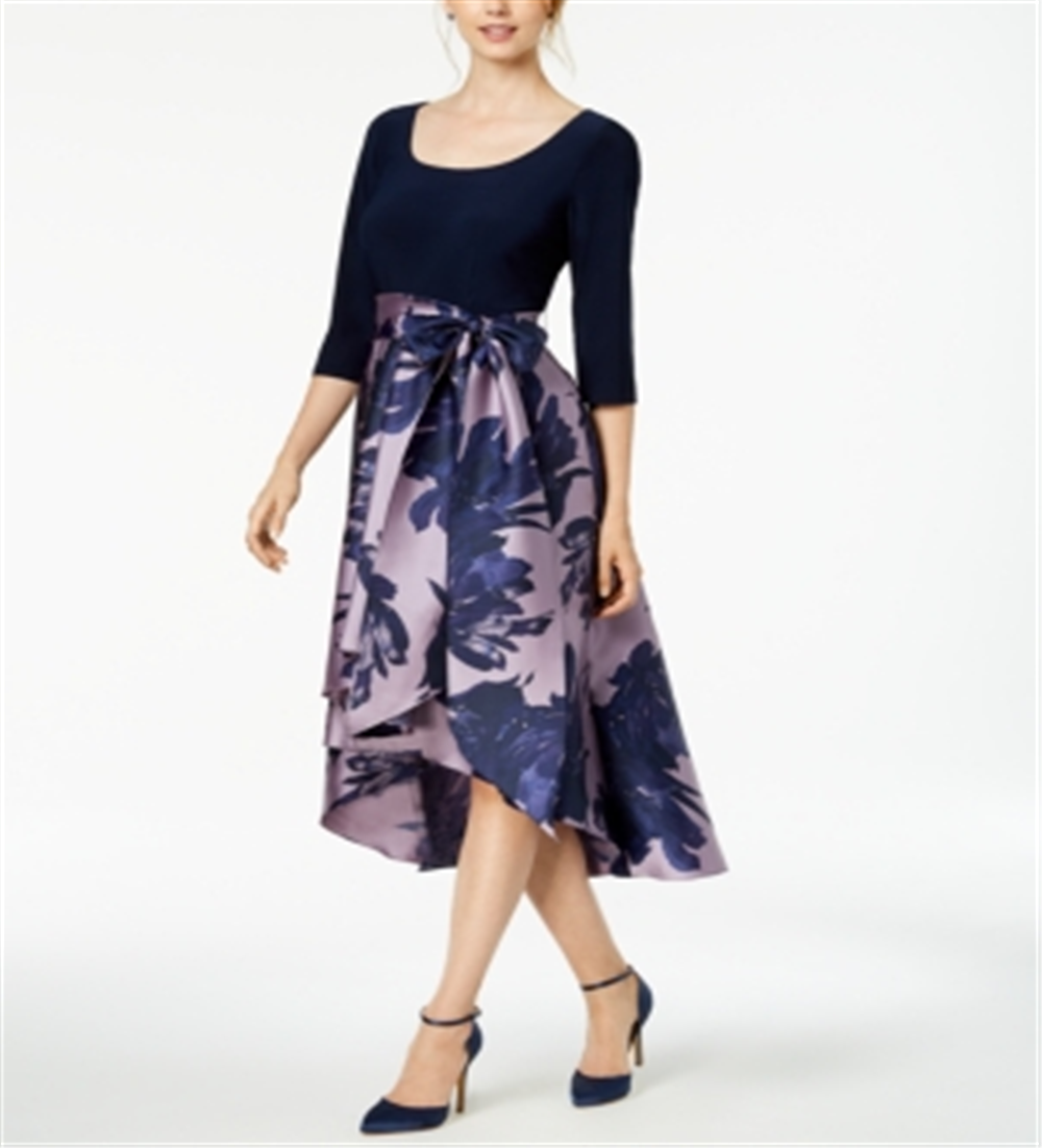 Vestido de festa feminino R &amp; M Richards com decote redondo floral abaixo do joelho, tamanho 14, azul