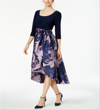 Vestido de festa feminino R &amp; M Richards com decote redondo floral abaixo do joelho, tamanho 14, azul