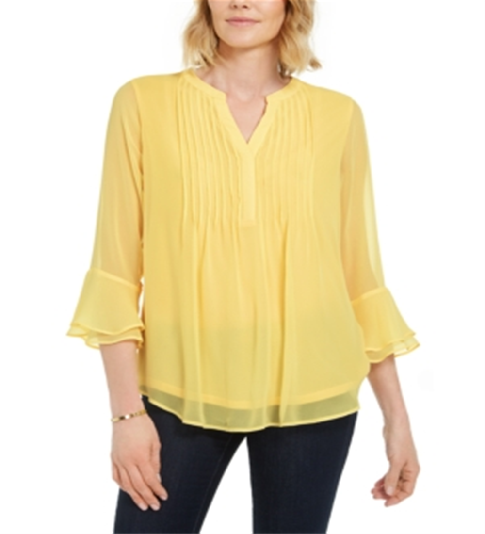 Charter Club Blusa Feminina com Babados Duplos e Estampa Pintuck, Amarela, Tamanho Médio